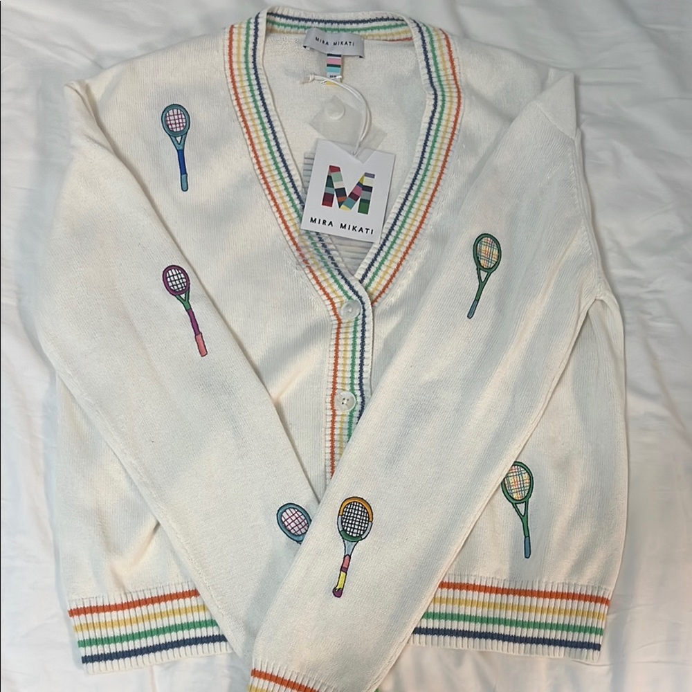 Mira Mikati White Cardigan with Rainbow Stripes
